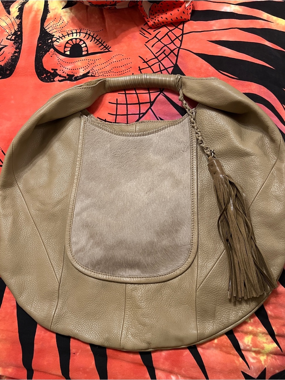 HOBO Tan Leather Hobo with Haircalf Front and Tassel tan